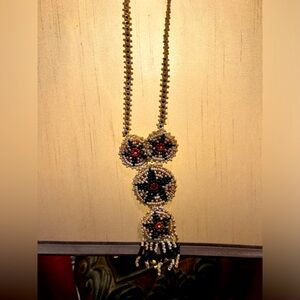 Indian Beaded Fringe Pendant Necklace - Black, Red & Cream